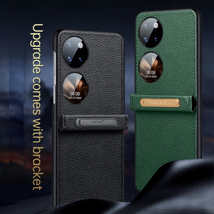 For Huawei P50 Pocket SULADA Invisible Bracket Leather Back Cover Phone Case(Dark Green)