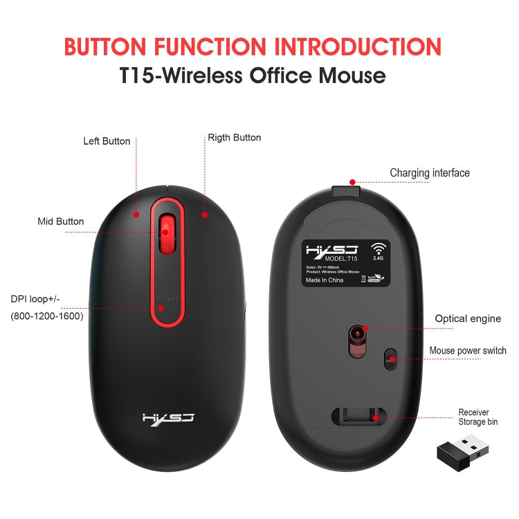 HXSJ T15 2.4GHz 4 Keys Wireless Mute Mouse(Black)