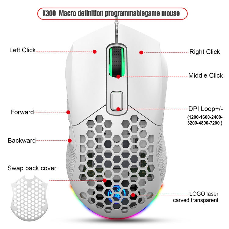 HXSJ X300 7200DPI RGB Backlight Interchangeable Back Cover Hole Gaming Wired Mouse(White)