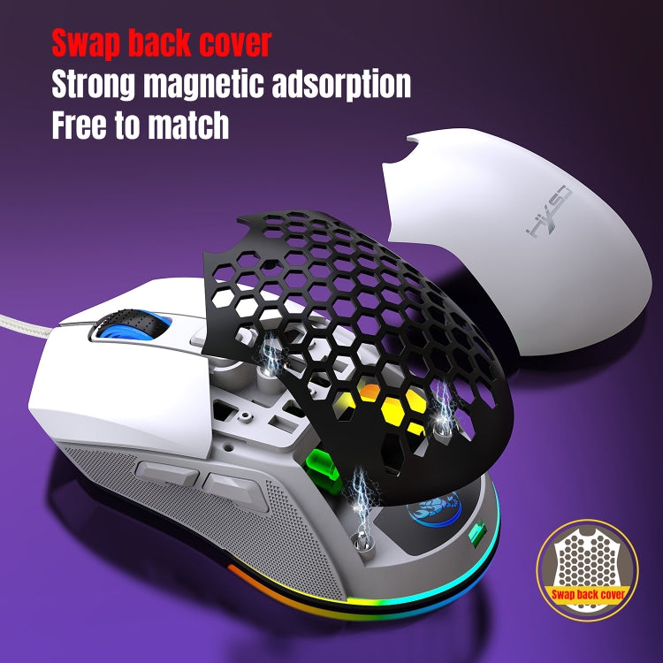 HXSJ X300 7200DPI RGB Backlight Interchangeable Back Cover Hole Gaming Wired Mouse(White)