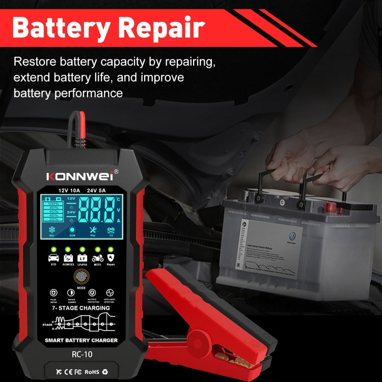 KONNWEI RC-10 2 inch Car Battery Charger Battery Pulse Repair Tool, Plug Type:UK Plug