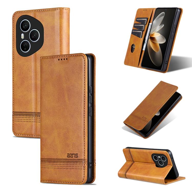 For Honor 400 Pro 5G Global 160.8mm AZNS Magnetic Calf Texture Flip Leather Phone Case(Light Brown)