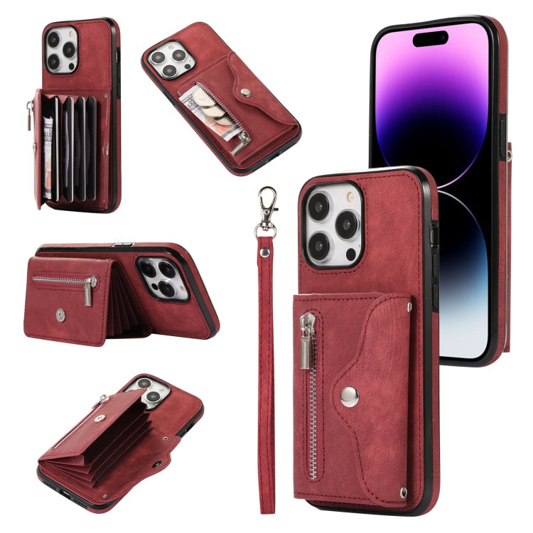 Zipper RFID Card Slot Phone Case with Short Lanyard, For iPhone 14, For iPhone 14 Plus, For iPhone 14 Pro, For iPhone 14 Pro Max