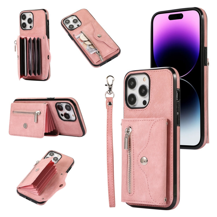 Zipper RFID Card Slot Phone Case with Short Lanyard, For iPhone 14, For iPhone 14 Plus, For iPhone 14 Pro, For iPhone 14 Pro Max