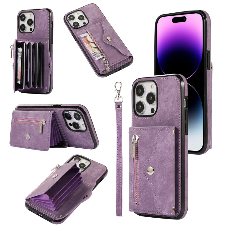 Zipper RFID Card Slot Phone Case with Short Lanyard, For iPhone 14, For iPhone 14 Plus, For iPhone 14 Pro, For iPhone 14 Pro Max