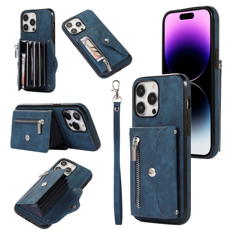 Zipper RFID Card Slot Phone Case with Short Lanyard, For iPhone 14, For iPhone 14 Plus, For iPhone 14 Pro, For iPhone 14 Pro Max