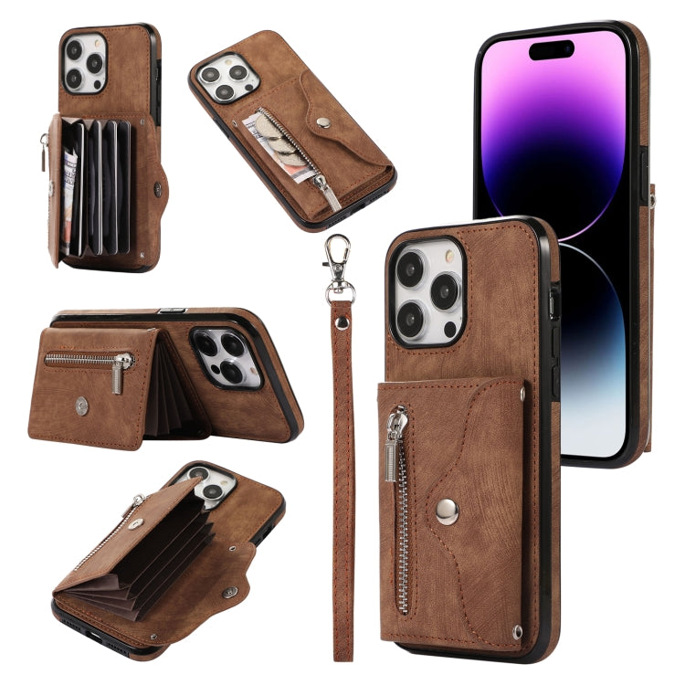 Zipper RFID Card Slot Phone Case with Short Lanyard, For iPhone 14, For iPhone 14 Plus, For iPhone 14 Pro, For iPhone 14 Pro Max