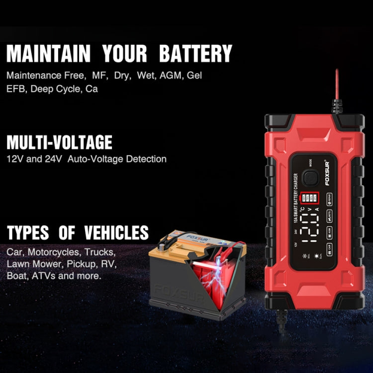 FOXSUR 12V / 24V / 10A Car / Motorcycle Battery Smart Repair Lead-acid Battery Charger, Plug Type:US Plug
