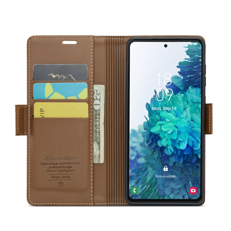 For Samsung Galaxy S20 FE CaseMe 023 Butterfly Buckle Litchi Texture RFID Anti-theft Leather Phone Case(Brown)