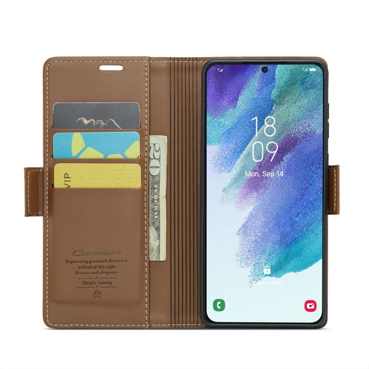 For Samsung Galaxy S21 FE 5G CaseMe 023 Butterfly Buckle Litchi Texture RFID Anti-theft Leather Phone Case(Brown)
