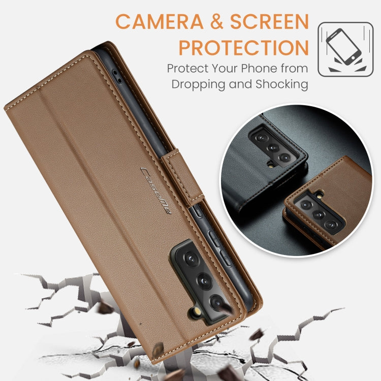 For Samsung Galaxy S21 FE 5G CaseMe 023 Butterfly Buckle Litchi Texture RFID Anti-theft Leather Phone Case(Brown)