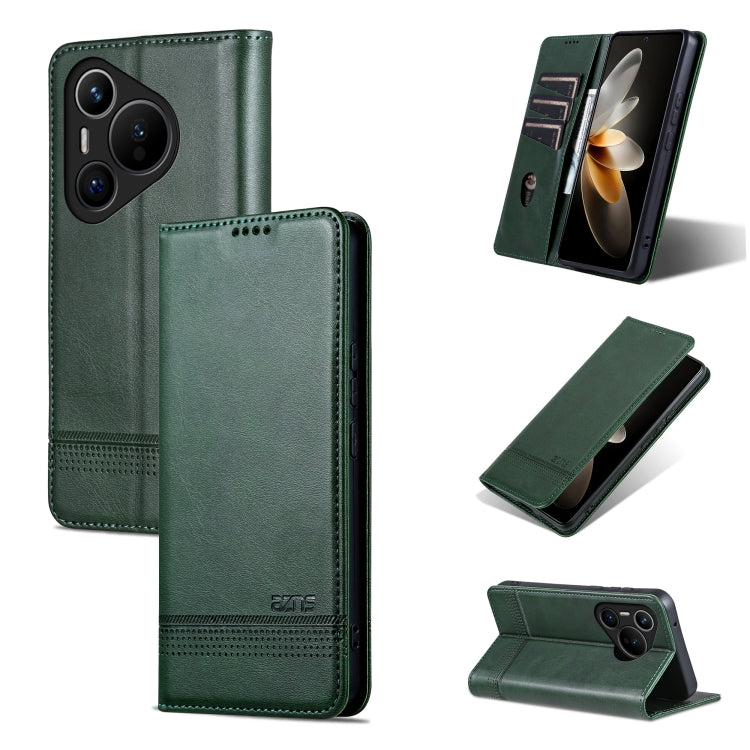 For Huawei Pura 70 Fine Hole AZNS Magnetic Calf Texture Flip Leather Phone Case(Dark Green)