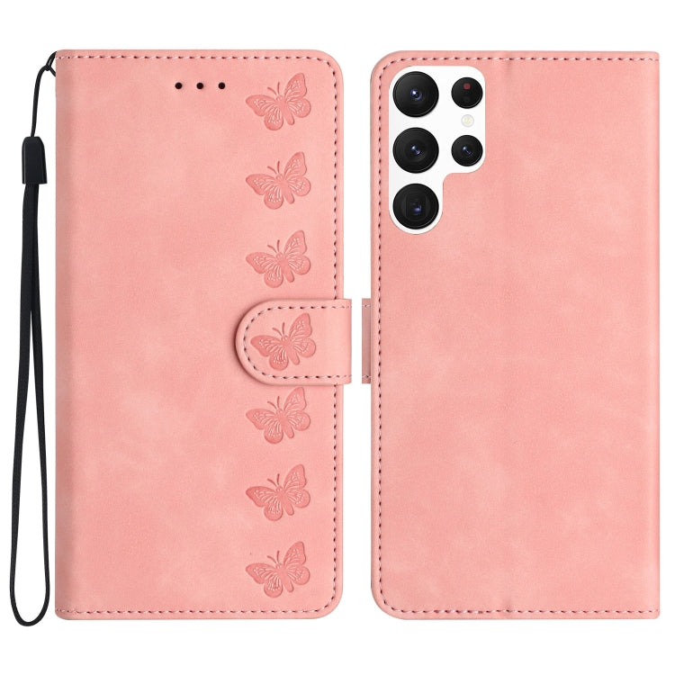 Seven Butterflies Embossed Leather Phone Case, For Samsung Galaxy A25 5G, For Samsung Galaxy A02s 164mm, For Samsung Galaxy A15, For Samsung Galaxy S24 Ultra 5G