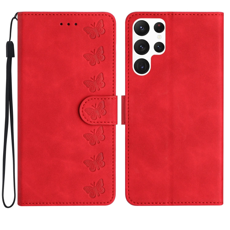 Seven Butterflies Embossed Leather Phone Case, For Samsung Galaxy A25 5G, For Samsung Galaxy A02s 164mm, For Samsung Galaxy A15, For Samsung Galaxy S24 Ultra 5G