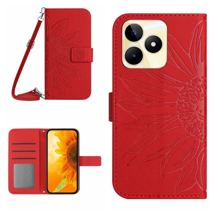 Skin Feel Sun Flower Embossed Flip Leather Phone Case with Lanyard, For Realme 11 5G Global, For Realme C53