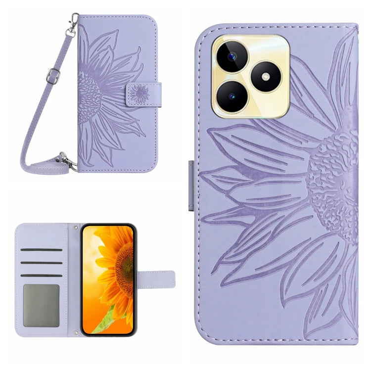Skin Feel Sun Flower Embossed Flip Leather Phone Case with Lanyard, For Realme 11 5G Global, For Realme C53