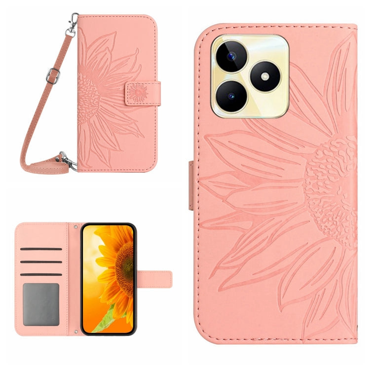 Skin Feel Sun Flower Embossed Flip Leather Phone Case with Lanyard, For Realme 11 5G Global, For Realme C53