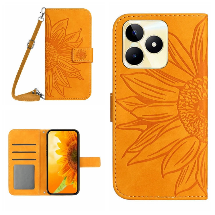 Skin Feel Sun Flower Embossed Flip Leather Phone Case with Lanyard, For Realme 11 5G Global, For Realme C53