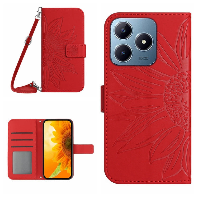 Skin Feel Sun Flower Embossed Flip Leather Phone Case with Lanyard, For Realme C63 5G, For Realme C63 4G Global/ C61