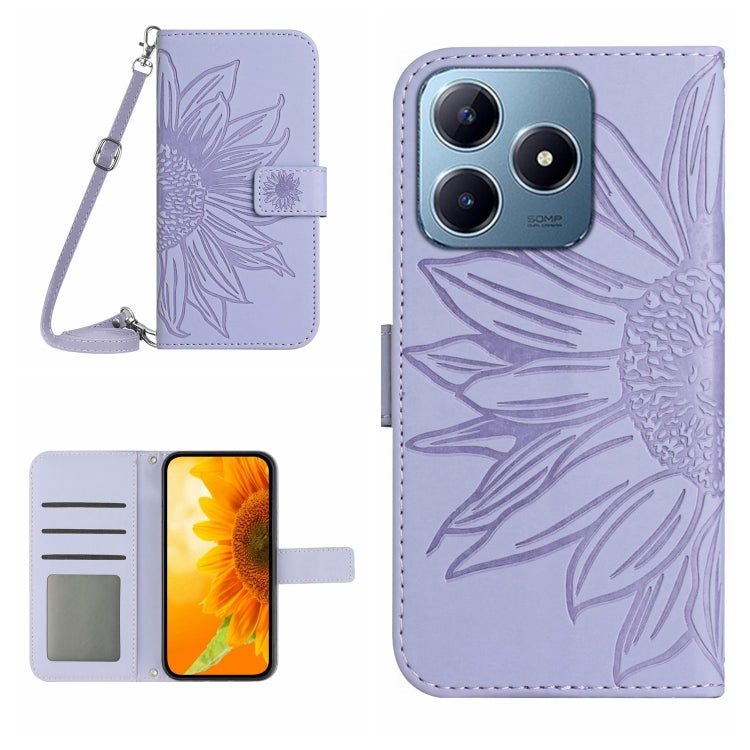 Skin Feel Sun Flower Embossed Flip Leather Phone Case with Lanyard, For Realme C63 5G, For Realme C63 4G Global/ C61