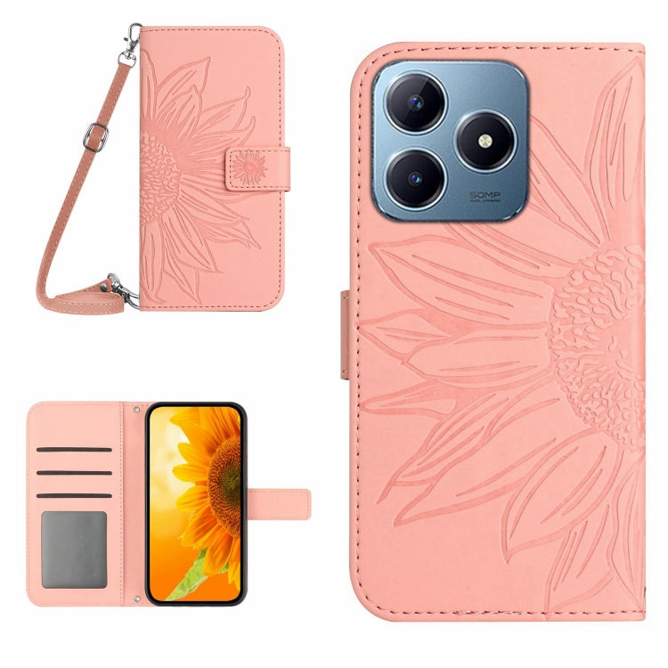 Skin Feel Sun Flower Embossed Flip Leather Phone Case with Lanyard, For Realme C63 5G, For Realme C63 4G Global/ C61