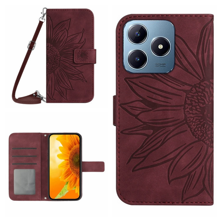 Skin Feel Sun Flower Embossed Flip Leather Phone Case with Lanyard, For Realme C63 5G, For Realme C63 4G Global/ C61