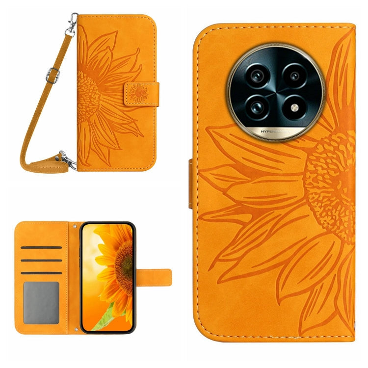 Skin Feel Sun Flower Embossed Flip Leather Phone Case with Lanyard, For Realme 13+ 5G Global, For Realme 13 Pro 5G / 13 Pro+ 5G