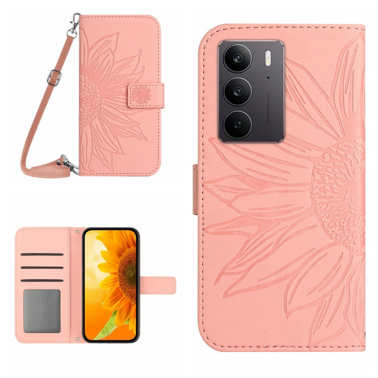 Skin Feel Sun Flower Embossed Flip Leather Phone Case with Lanyard, For Realme 14 Pro+ 5G, For Realme C75 4G