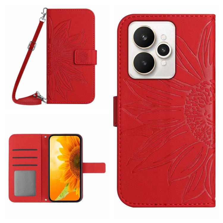 Skin Feel Sun Flower Embossed Flip Leather Phone Case with Lanyard, For Realme 15T 5G, For Realme 15 5G Global / 15 Pro 5G Global