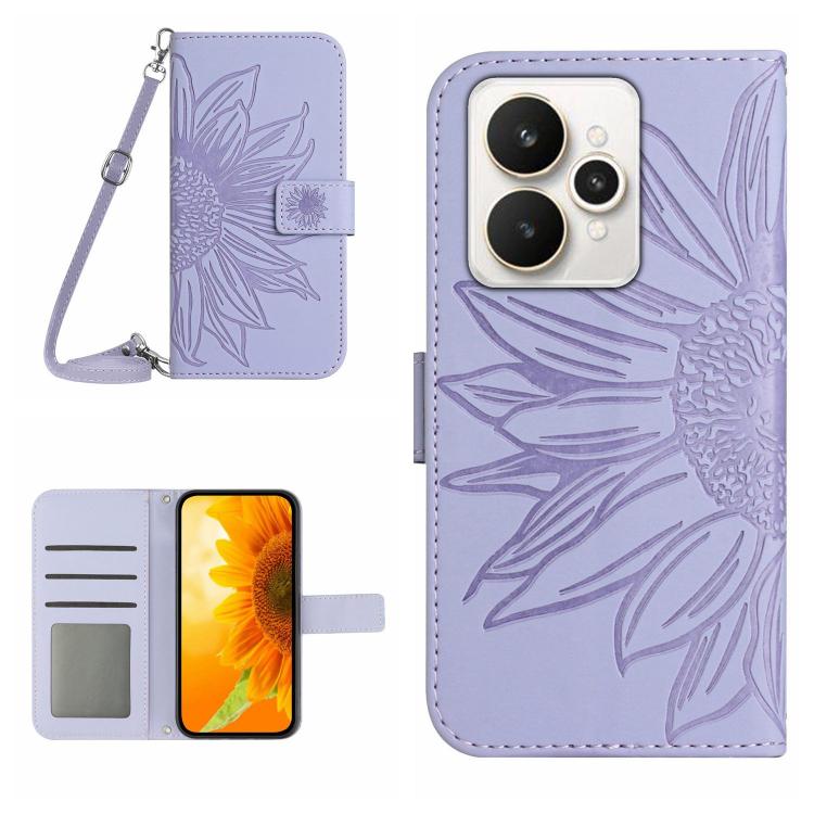 Skin Feel Sun Flower Embossed Flip Leather Phone Case with Lanyard, For Realme 15T 5G, For Realme 15 5G Global / 15 Pro 5G Global