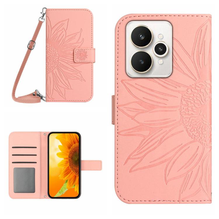 Skin Feel Sun Flower Embossed Flip Leather Phone Case with Lanyard, For Realme 15T 5G, For Realme 15 5G Global / 15 Pro 5G Global