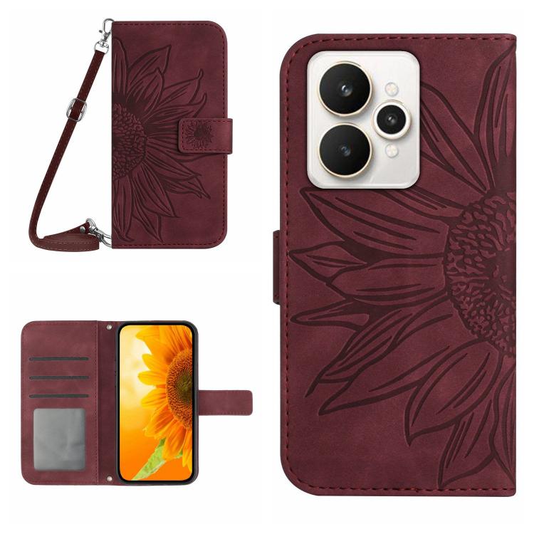 Skin Feel Sun Flower Embossed Flip Leather Phone Case with Lanyard, For Realme 15T 5G, For Realme 15 5G Global / 15 Pro 5G Global