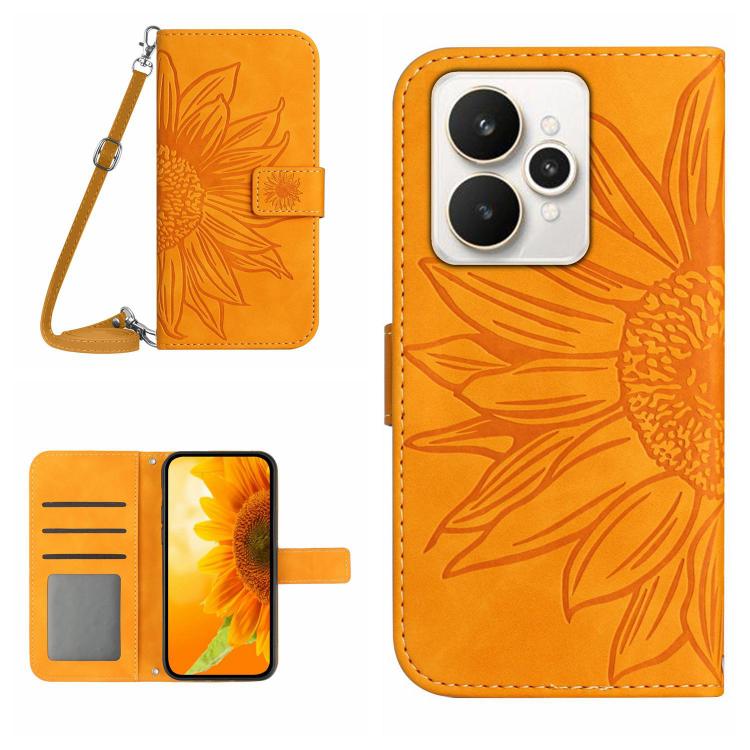 Skin Feel Sun Flower Embossed Flip Leather Phone Case with Lanyard, For Realme 15T 5G, For Realme 15 5G Global / 15 Pro 5G Global