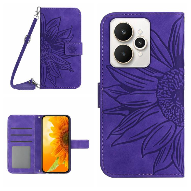 Skin Feel Sun Flower Embossed Flip Leather Phone Case with Lanyard, For Realme 15T 5G, For Realme 15 5G Global / 15 Pro 5G Global