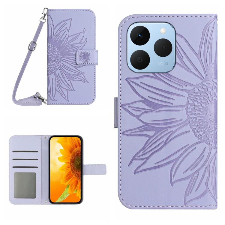 Skin Feel Sun Flower Embossed Flip Leather Phone Case with Lanyard, For Realme 15T 5G, For Realme 15 5G Global / 15 Pro 5G Global