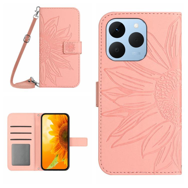 Skin Feel Sun Flower Embossed Flip Leather Phone Case with Lanyard, For Realme 15T 5G, For Realme 15 5G Global / 15 Pro 5G Global