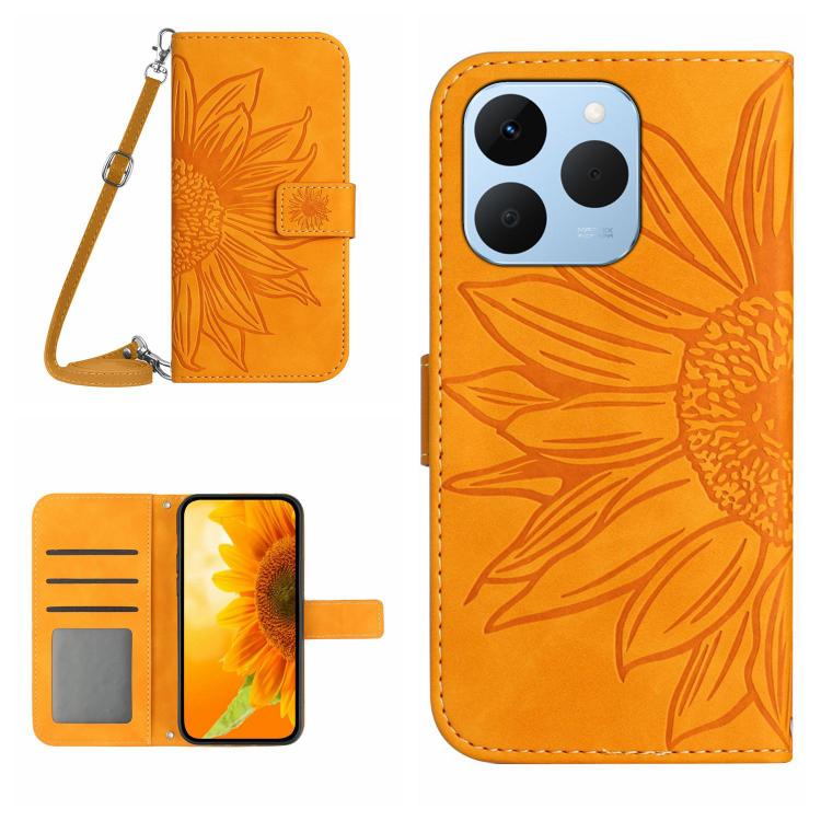 Skin Feel Sun Flower Embossed Flip Leather Phone Case with Lanyard, For Realme 15T 5G, For Realme 15 5G Global / 15 Pro 5G Global
