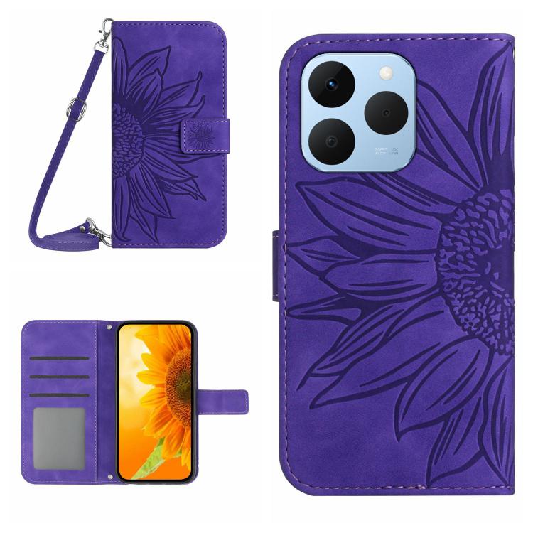 Skin Feel Sun Flower Embossed Flip Leather Phone Case with Lanyard, For Realme 15T 5G, For Realme 15 5G Global / 15 Pro 5G Global