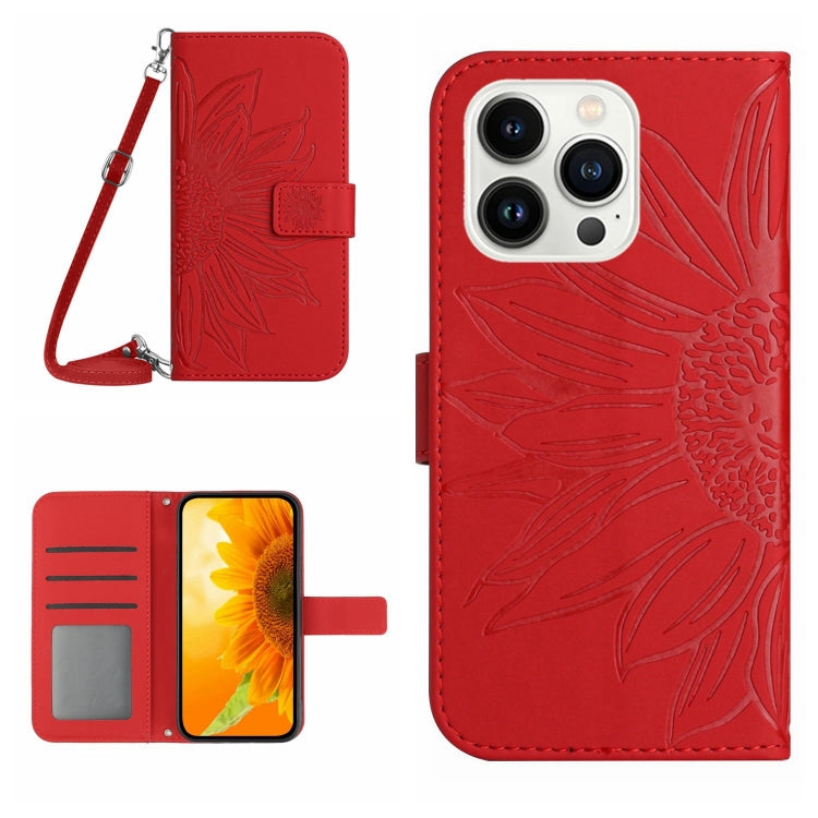 Skin Feel Sun Flower Embossed Flip Leather Phone Case with Lanyard, For iPhone 16, For iPhone 15 Pro Max