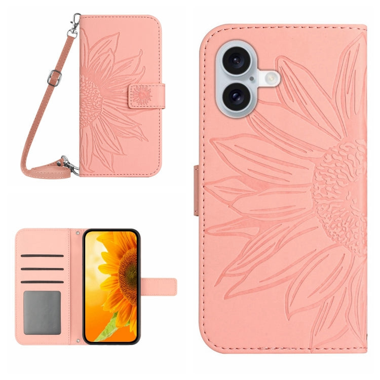 Skin Feel Sun Flower Embossed Flip Leather Phone Case with Lanyard, For iPhone 16 Pro, For iPhone 16 Plus