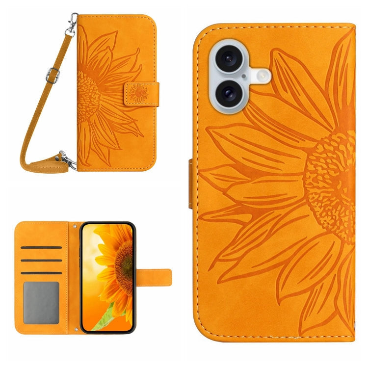 Skin Feel Sun Flower Embossed Flip Leather Phone Case with Lanyard, For iPhone 16 Pro, For iPhone 16 Plus