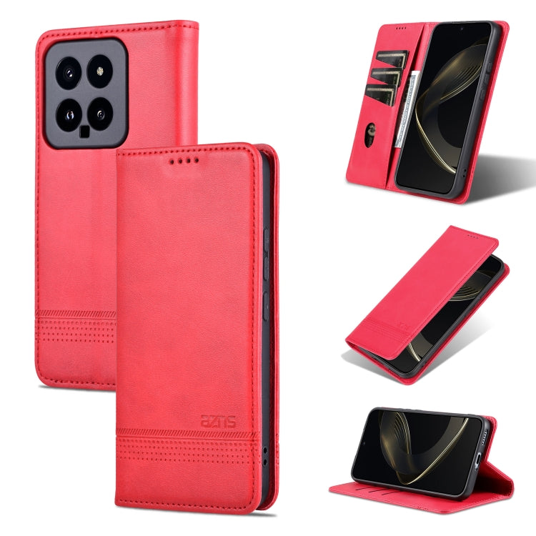 For Xiaomi 14 AZNS Magnetic Calf Texture Flip Leather Phone Case(Red)
