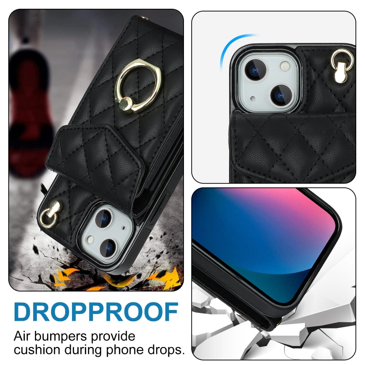 Rhombic Texture Card Bag Phone Case with Long Lanyard, For iPhone 14 Plus, For iPhone 14, For iPhone 14 Pro