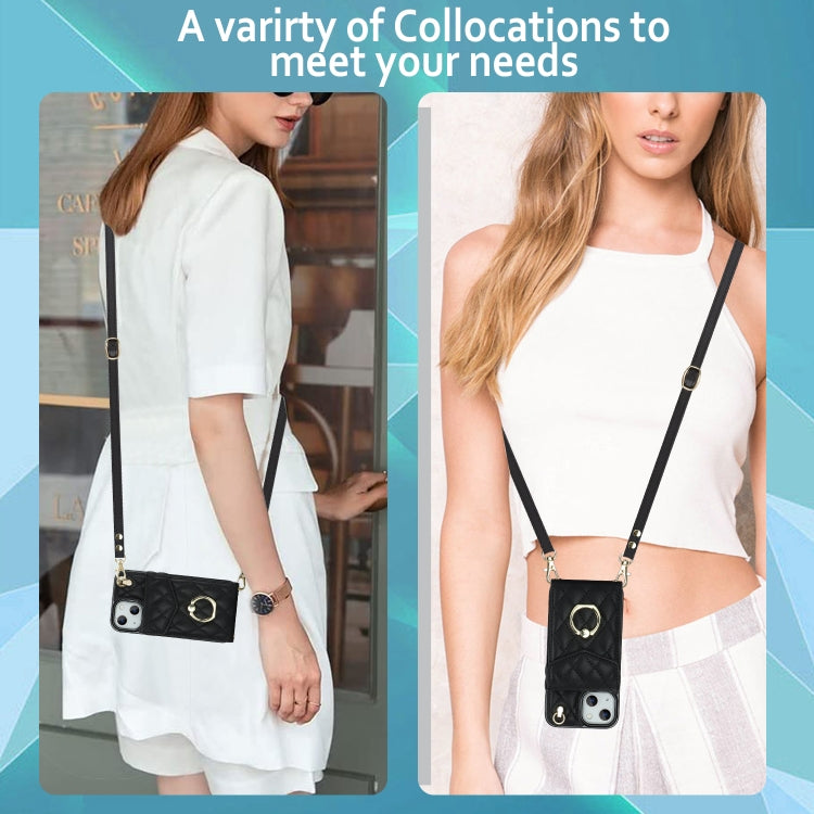 Rhombic Texture Card Bag Phone Case with Long Lanyard, For iPhone 14 Plus, For iPhone 14, For iPhone 14 Pro