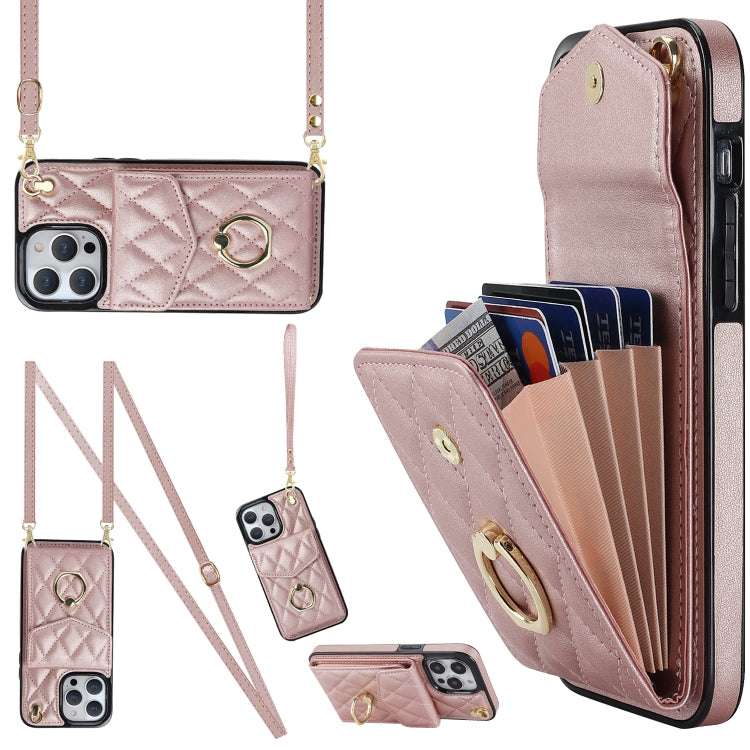 Rhombic Texture Card Bag Phone Case with Long Lanyard, For iPhone 14 Plus, For iPhone 14, For iPhone 14 Pro