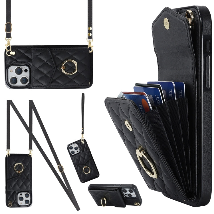 Rhombic Texture Card Bag Phone Case with Long Lanyard, For iPhone 15 Pro, For iPhone 15 Plus, For iPhone 15