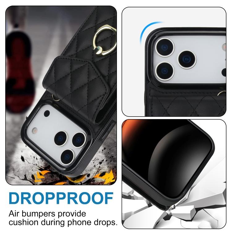 Rhombic Texture Card Bag Phone Case with Long Lanyard, For iPhone 17e / 16e, For iPhone 17 Pro Max, For iPhone 17 Pro