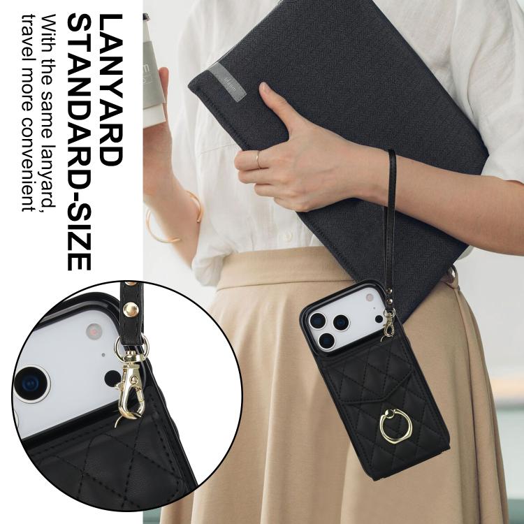 Rhombic Texture Card Bag Phone Case with Long Lanyard, For iPhone 17e / 16e, For iPhone 17 Pro Max, For iPhone 17 Pro