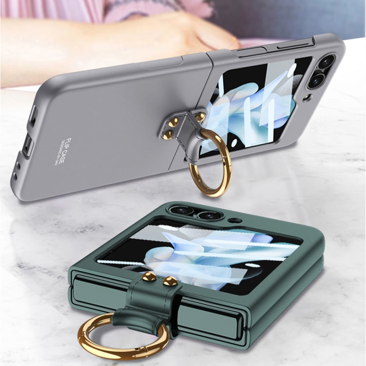 For Samsung Galaxy Z Flip5 GKK Ultra-thin PC Full Coverage Phone Case with Ring Holder / Tempered Film(Dark Green)