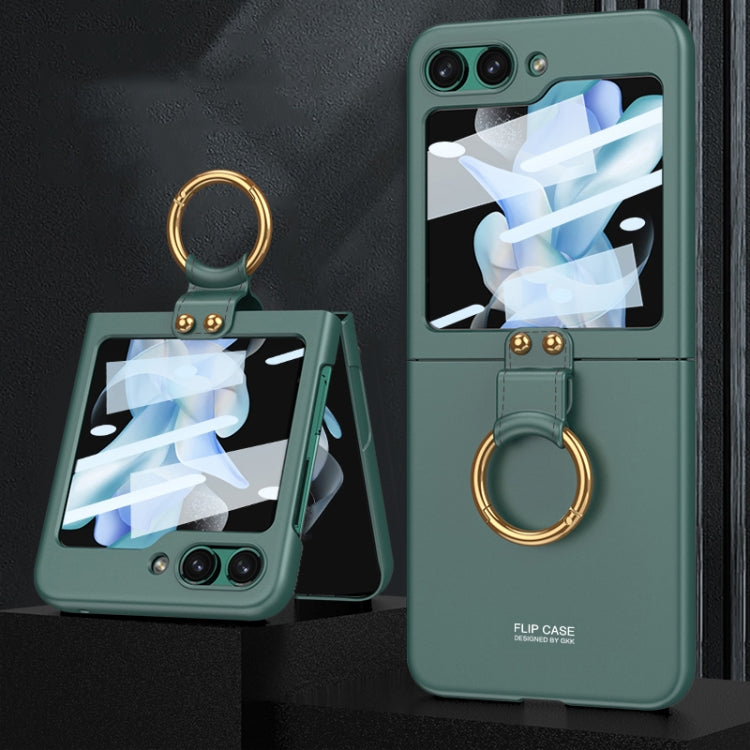 For Samsung Galaxy Z Flip5 GKK Ultra-thin PC Full Coverage Phone Case with Ring Holder / Tempered Film(Dark Green)